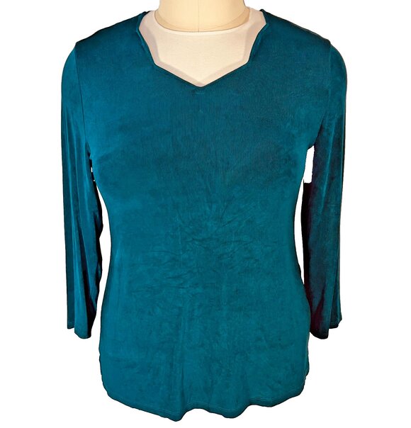 Chico's Travelers Blouse Womens L Teal Blue Green V-Neck 3/4 Sleeve - Picture 1 of 16